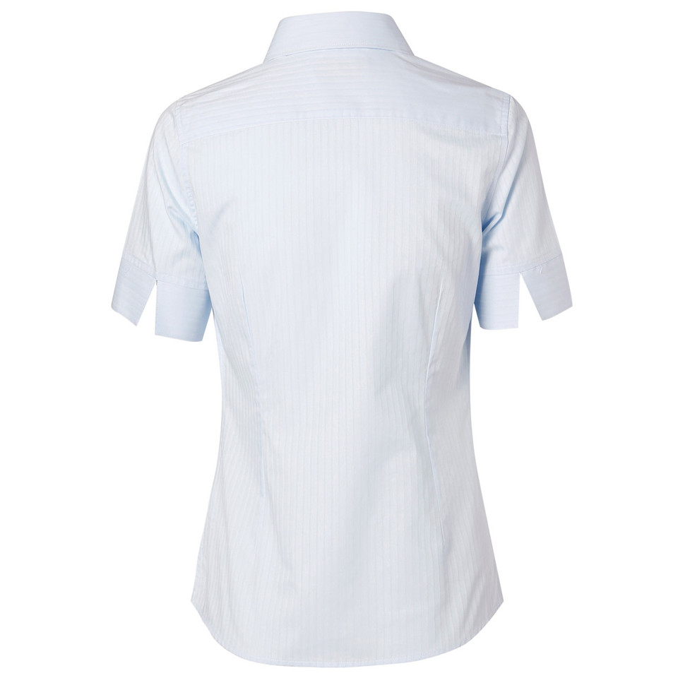 Pale blue ladies short sleeve shirt with self-stripe pattern, rear view showing collar and smooth back panel
