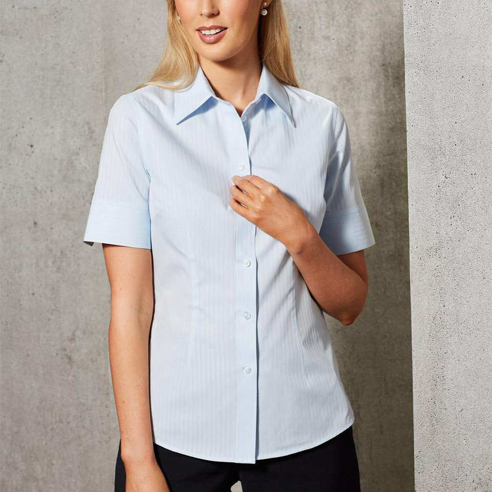 Light blue self-stripe short sleeve shirt with classic collar and button front placket