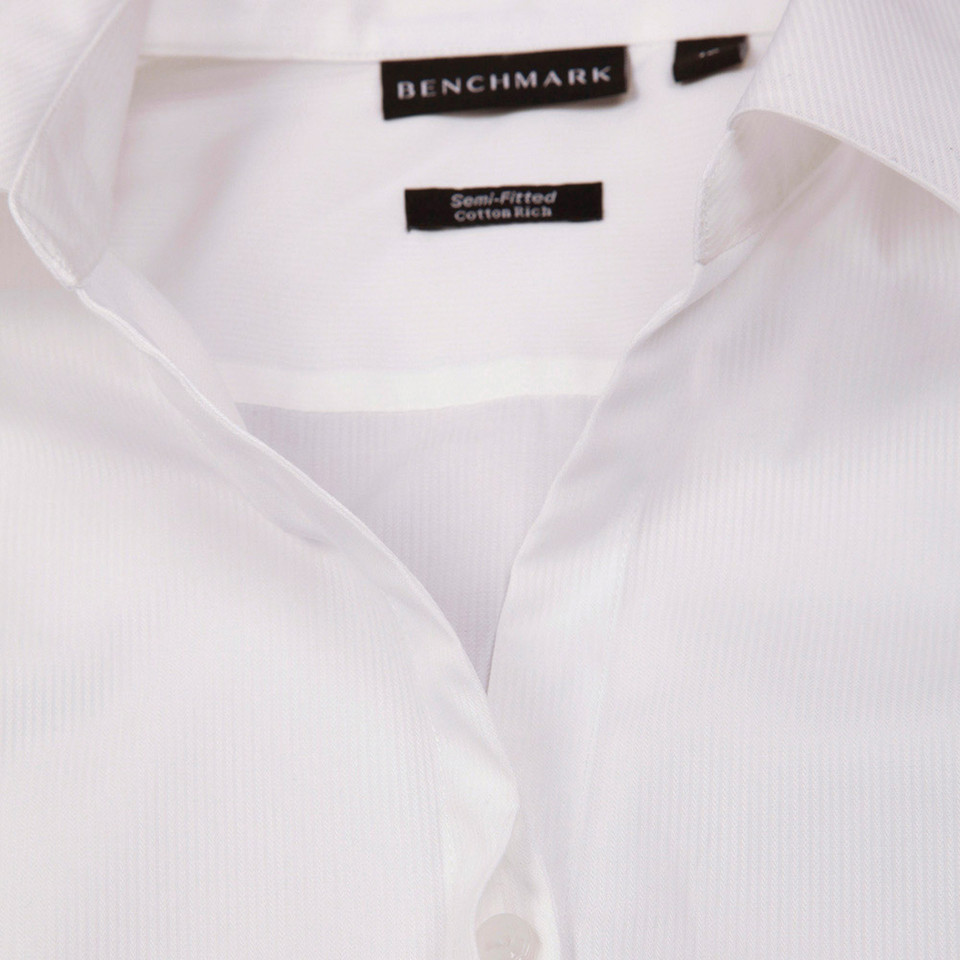 White dobby self-stripe semi-fitted cotton-rich shirt with spread collar and button placket, close-up packshot
