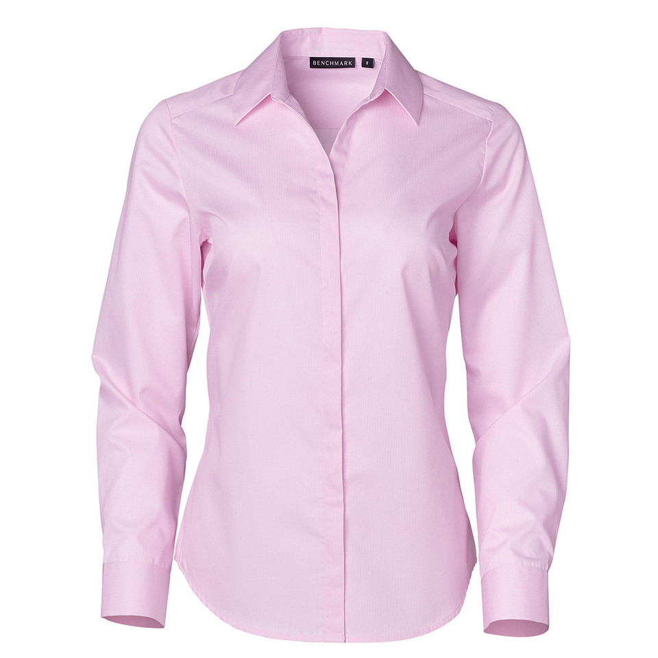 Pale pink women's long sleeve business shirt with collar and button front closure