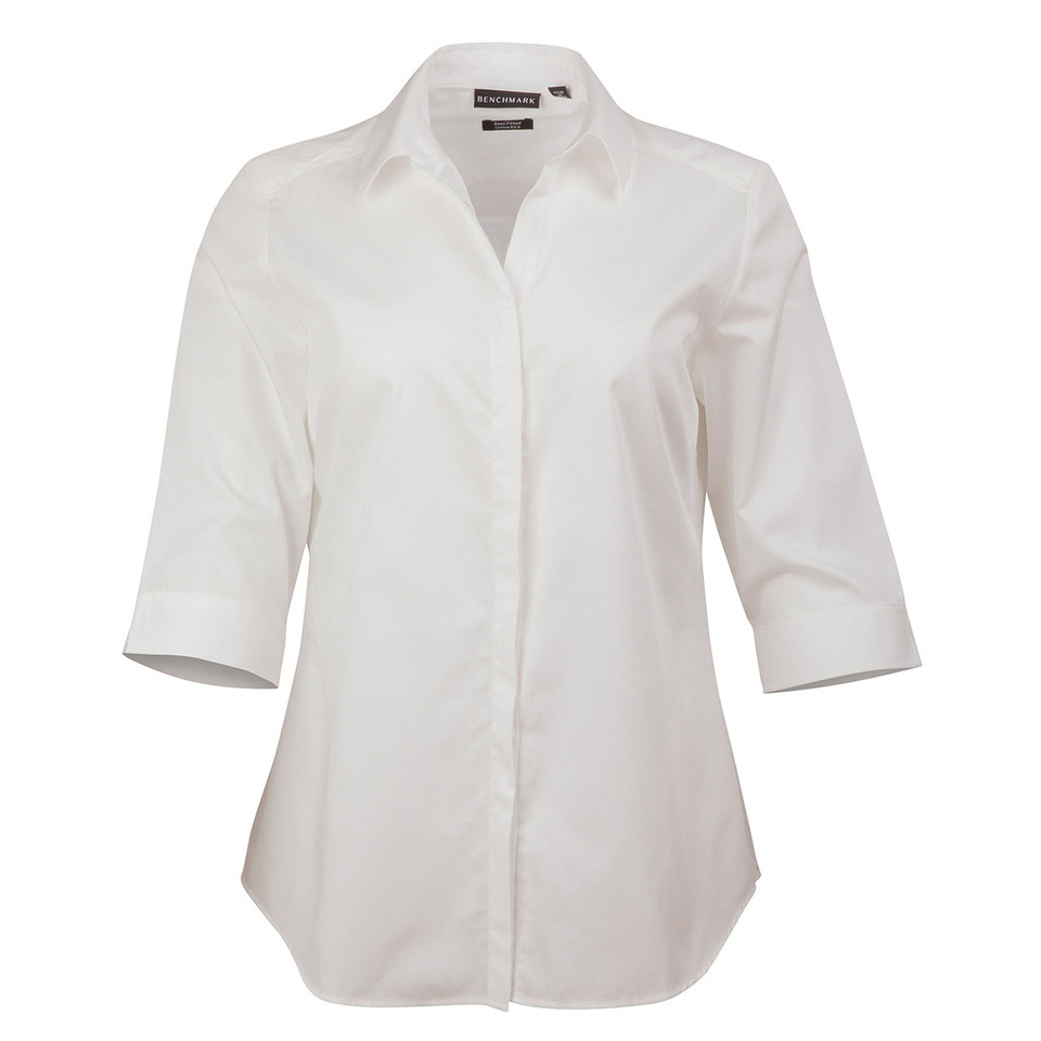 White ladies' three-quarter sleeve shirt with dobby self-stripe texture and curved hemline