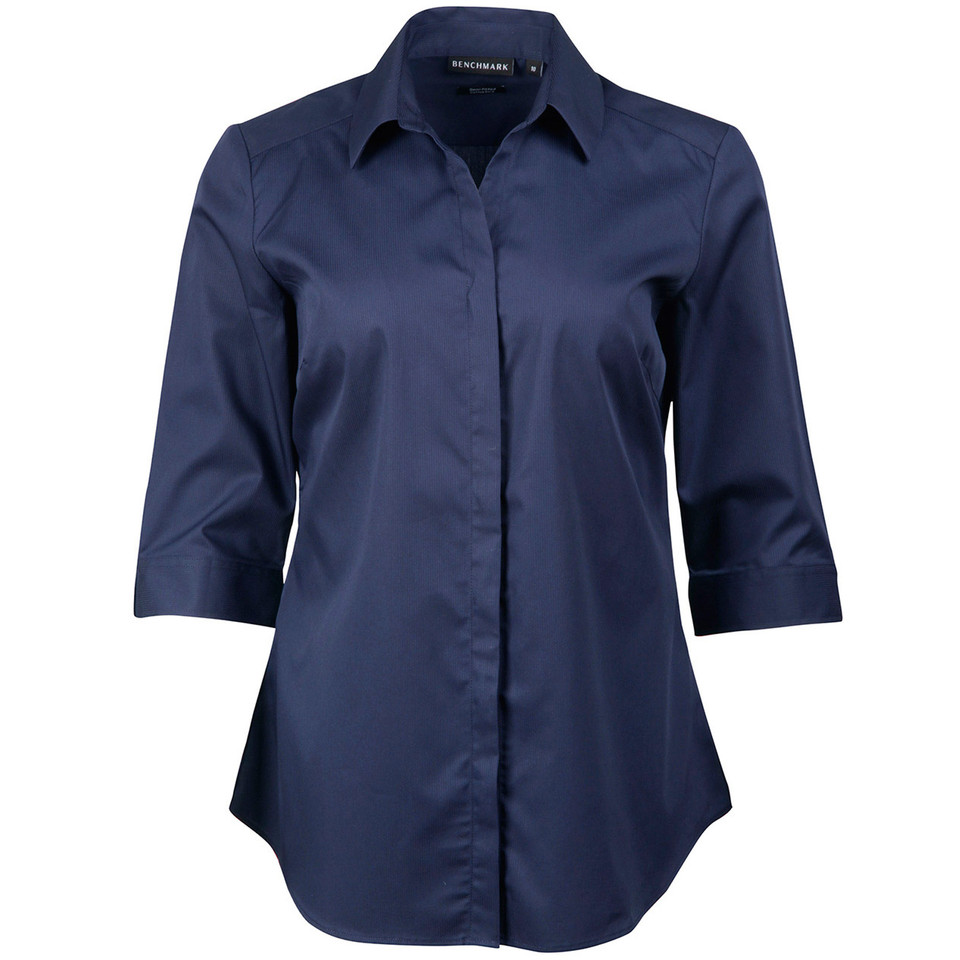 Navy women's three-quarter sleeve shirt with self-stripe dobby weave and curved hem