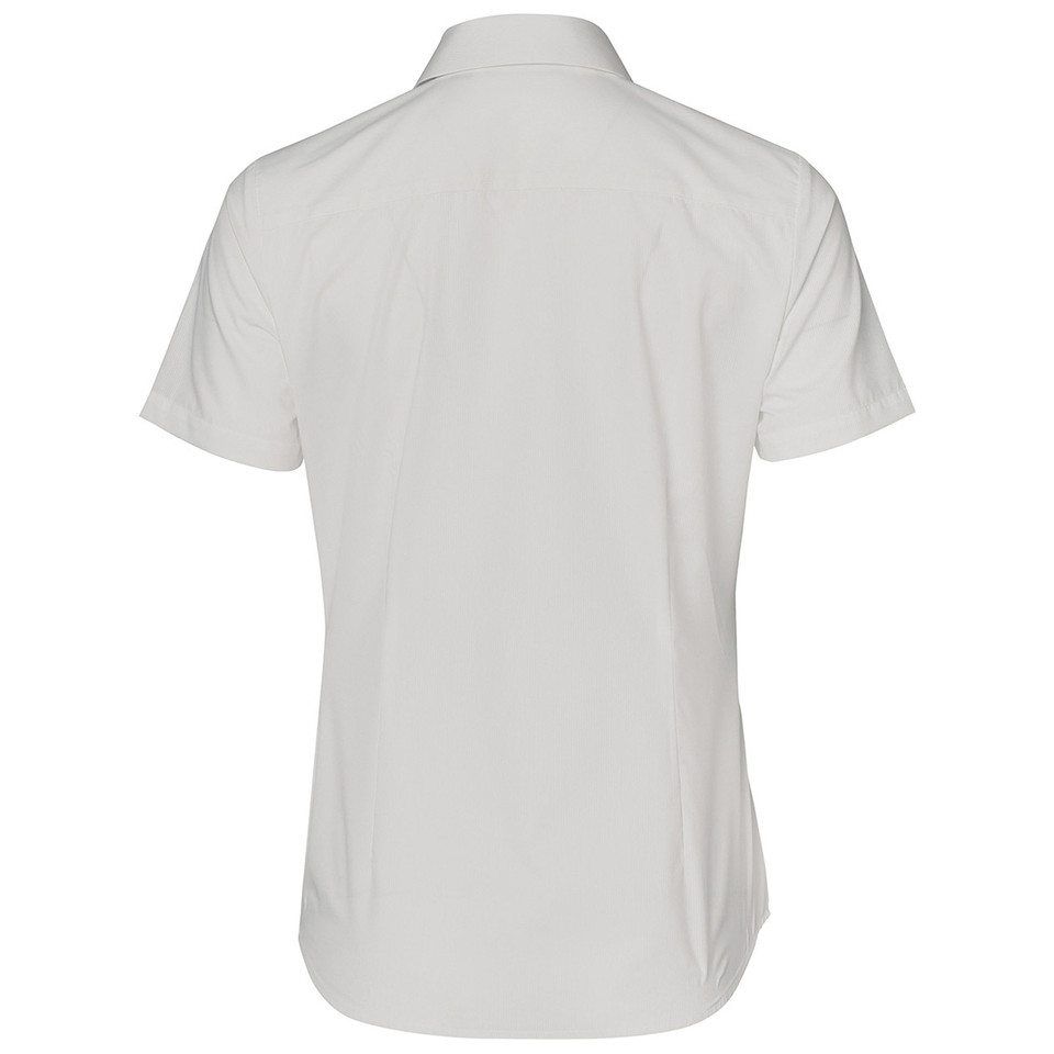 Back view of a white ladies short sleeve shirt with subtle dobby self-stripe texture and clean tailored back panel