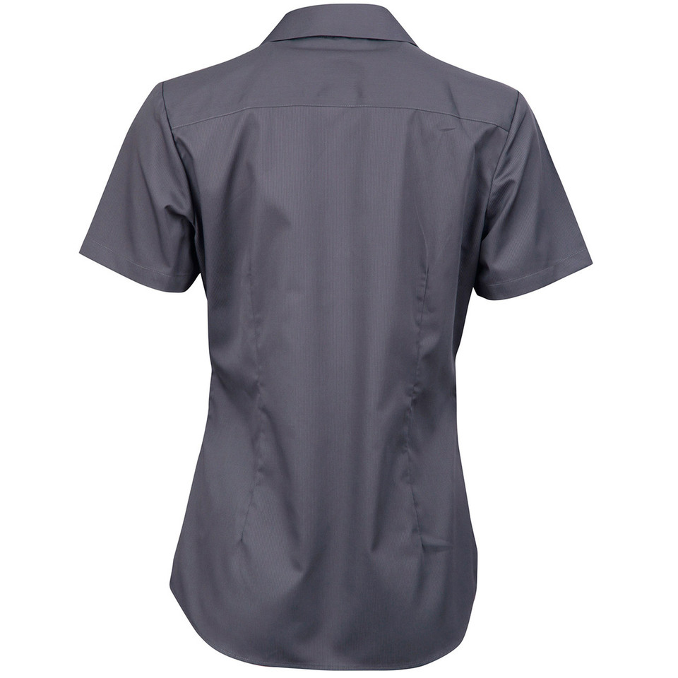 Charcoal grey short sleeve work shirt with self-stripe dobby texture, rear view showing collar and back panel