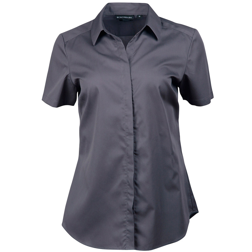 Charcoal women's short sleeve button-front shirt with spread collar and subtle self-stripe dobby fabric