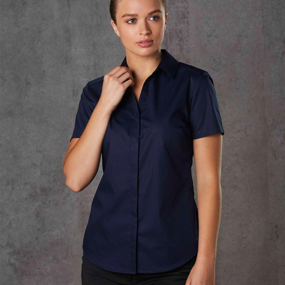 Navy short sleeve business shirt with self-stripe dobby texture and concealed button placket