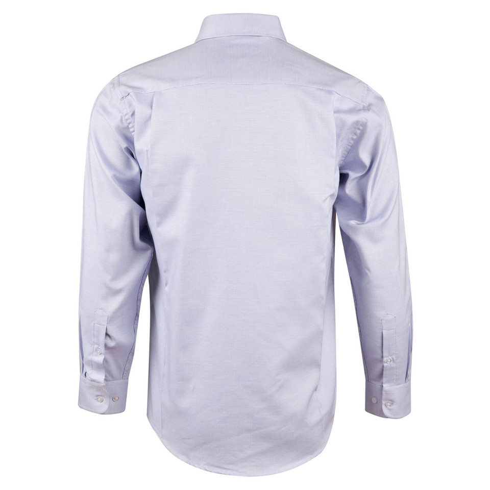 Back view of a pale blue long sleeve men's dress shirt with button cuffs and a fine dot texture