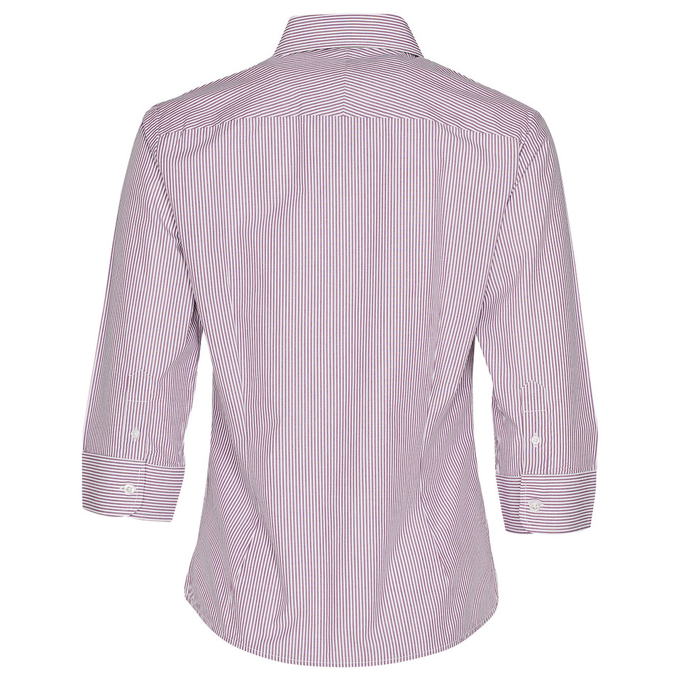 Red and white vertical striped women's shirt with three-quarter sleeves and chest pocket, back view