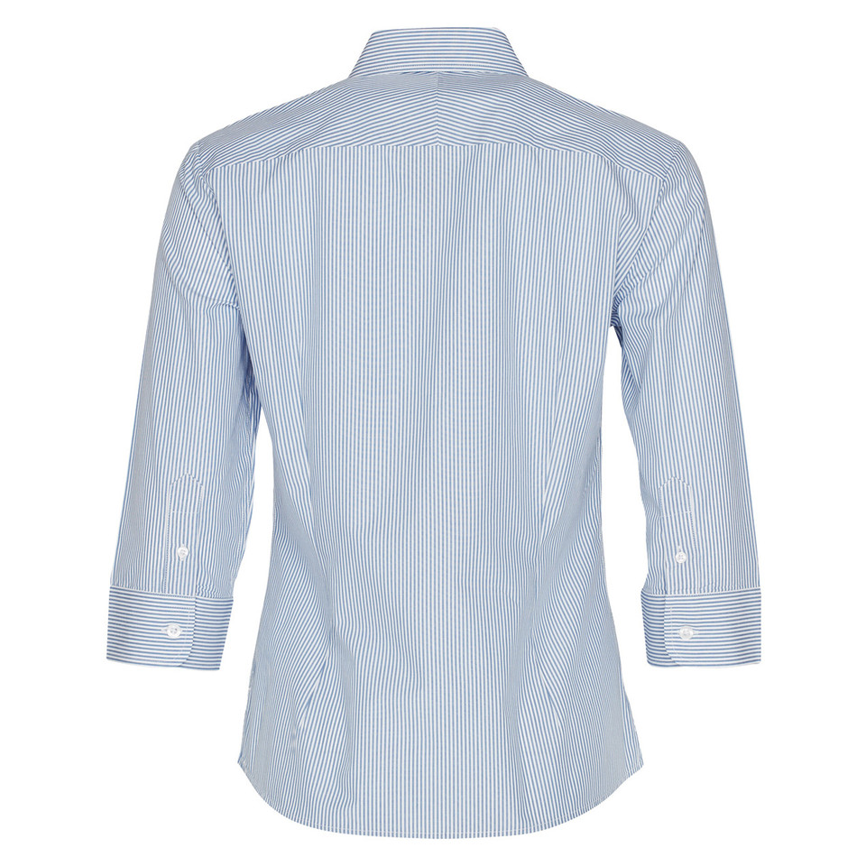 Back view of women's three-quarter sleeve shirt in sky blue and white vertical stripes with button cuffs