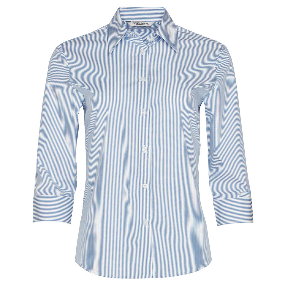 Sky blue and white striped women's shirt with collar, three-quarter sleeves and chest pocket