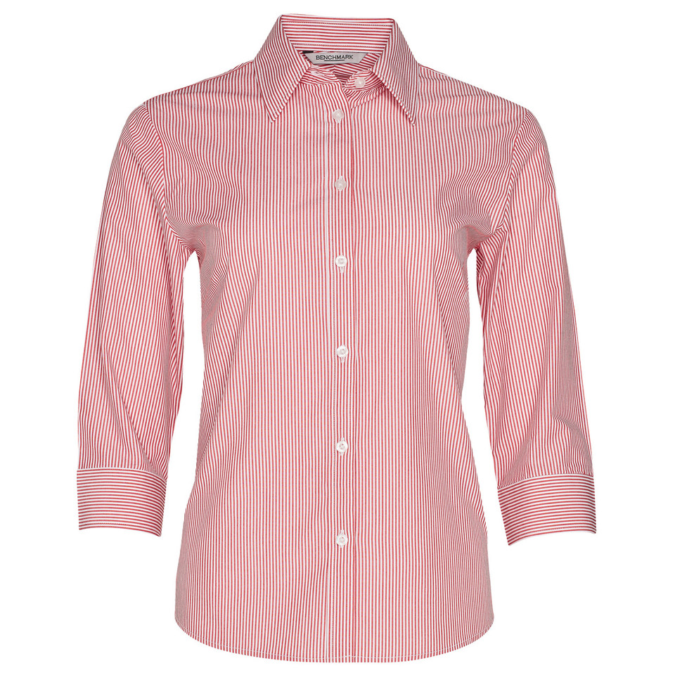 Red and white vertical striped shirt with three-quarter sleeves, chest pocket and classic collar