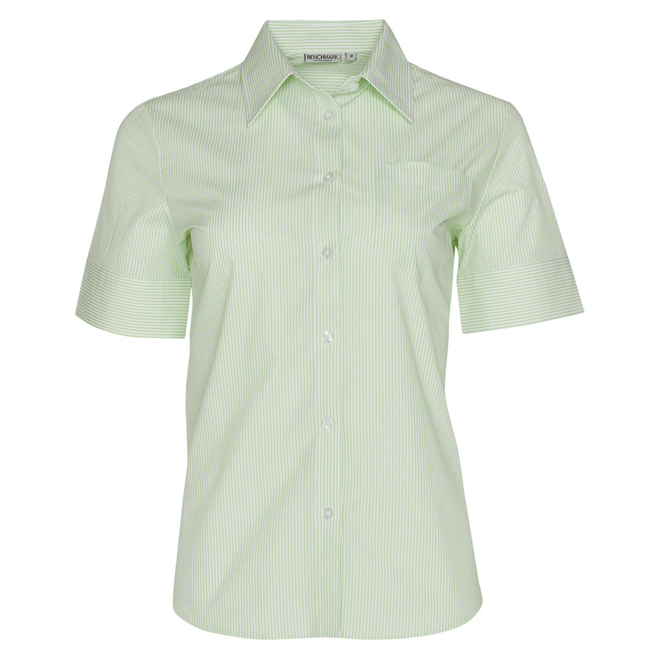 Lime green and white striped short sleeve shirt with collar, button front and chest pocket