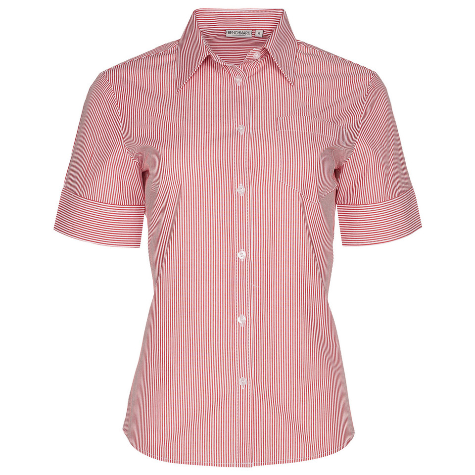 Women's short sleeve shirt in coral and white vertical stripes with collar and chest pocket
