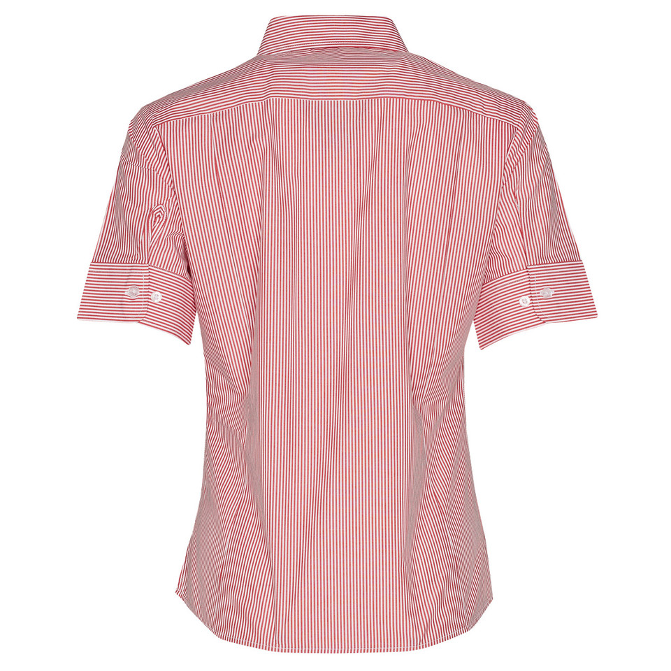 Red and grey vertical striped short sleeve shirt with collar and back yoke detail