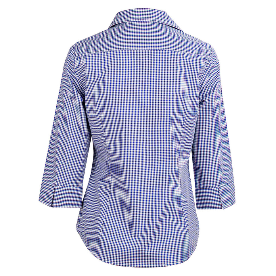 Back view of a royal blue and white micro-check women's shirt with 3/4 sleeves and shirt collar