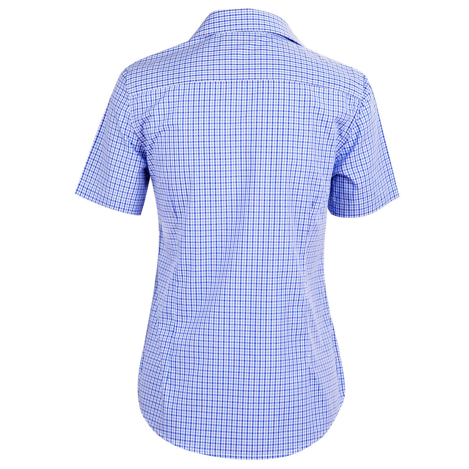 Back view of women's short sleeve shirt in blue and white fine check with curved hem and collar