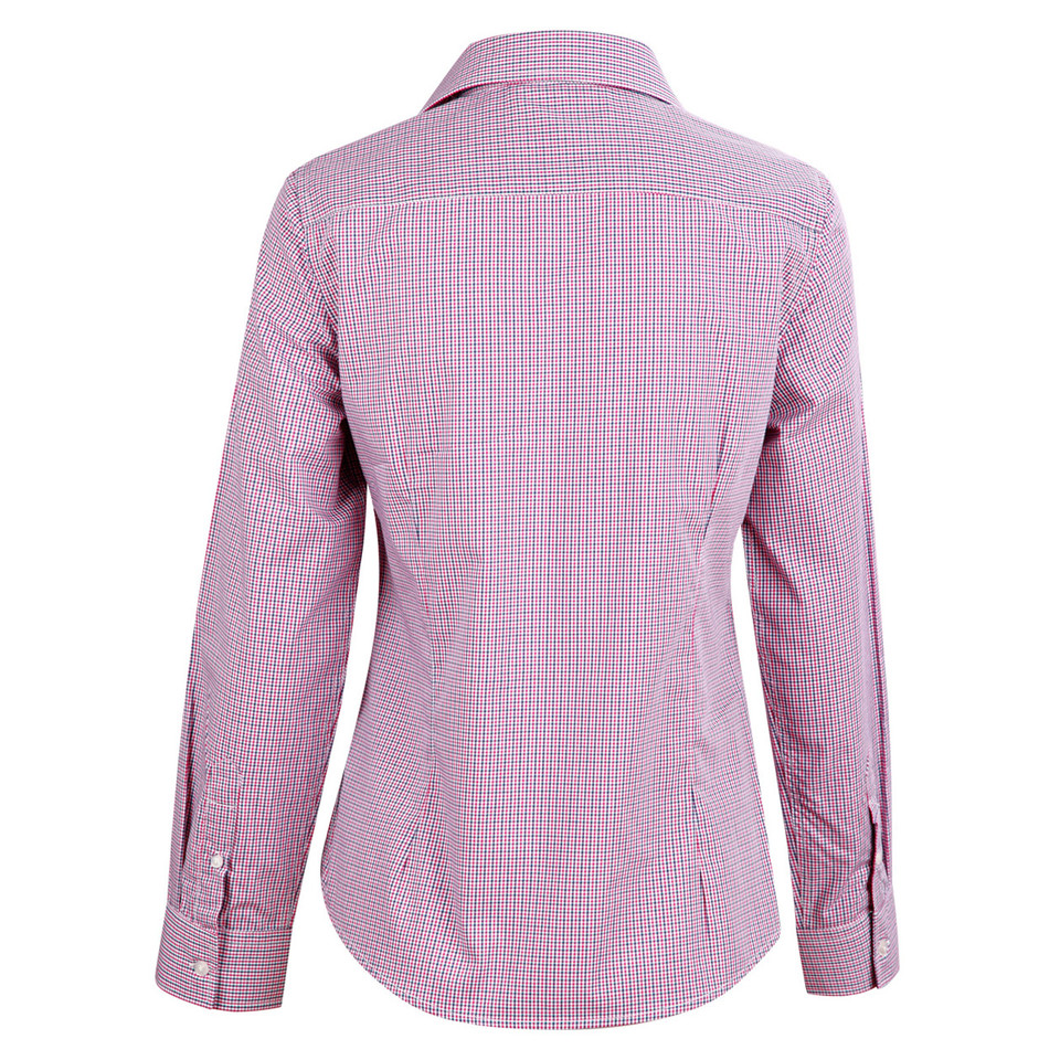 Back view of ladies long sleeve shirt in pink and red mini gingham check with structured collar and button cuffs