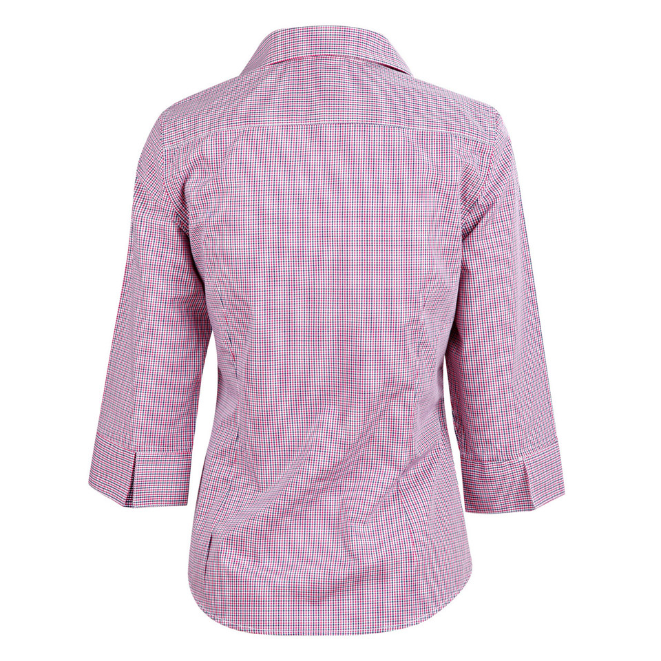 Pink and blue mini gingham check shirt with three-quarter sleeves and collar, rear view
