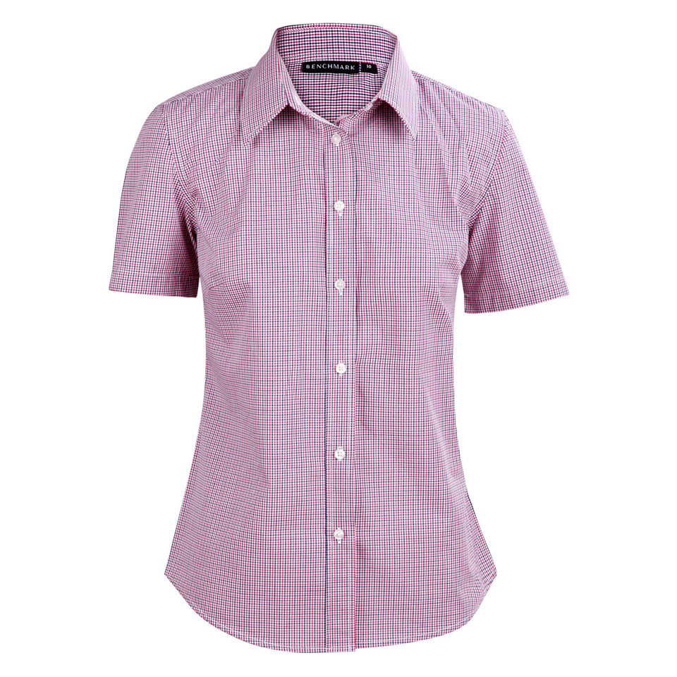 Ladies short sleeve shirt in pink and blue mini gingham check with classic collar and button-through front