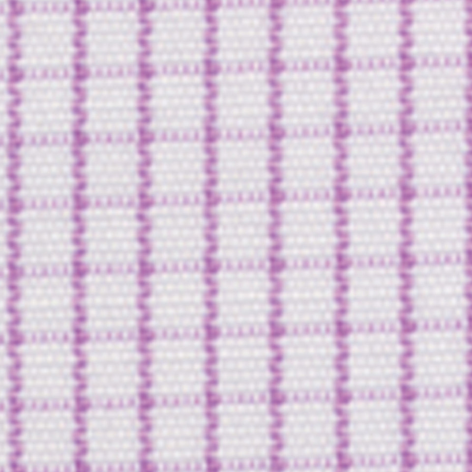 Close-up of orchid and white mini check woven fabric texture on a ladies 3/4 sleeve shirt