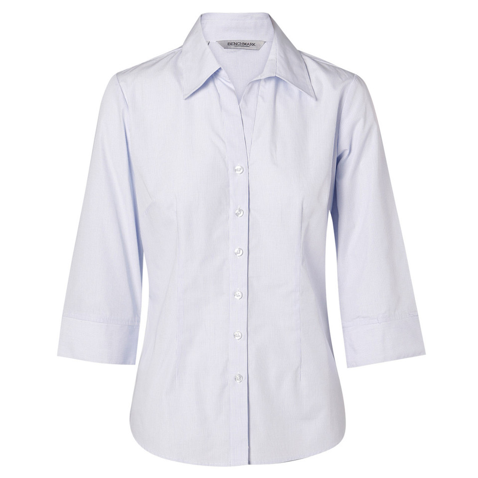 Light blue mini check ladies shirt with three-quarter sleeves and button-front closure