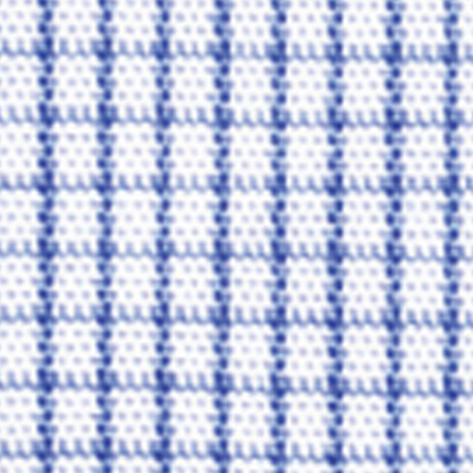 Close-up of white and cobalt blue mini check woven fabric texture on a ladies shirt