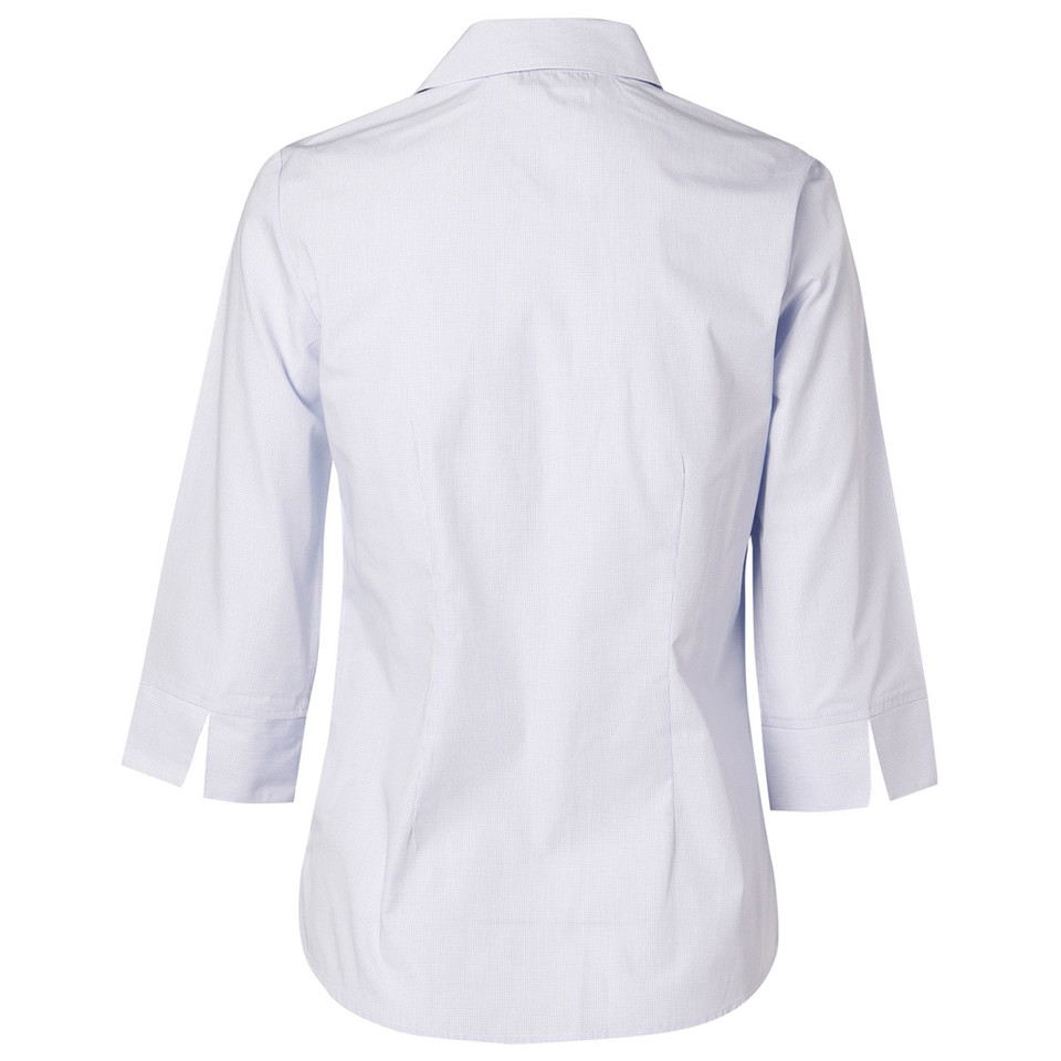 White ladies three-quarter sleeve shirt with subtle check pattern, back view with collar and curved hemline