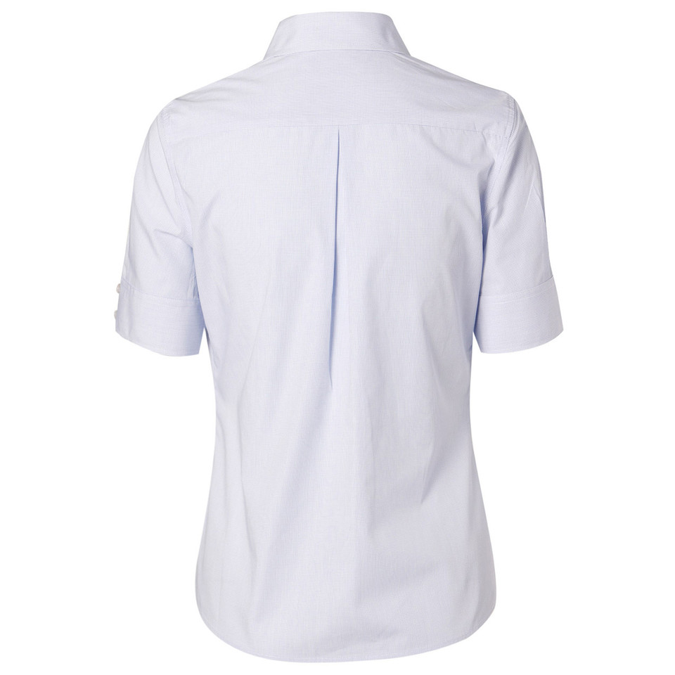 Back view of a pale blue mini check short sleeve women's shirt with centre pleat and roll-tab sleeves
