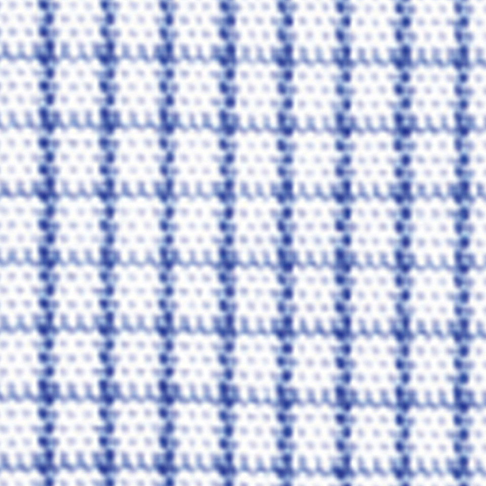 Close-up of white fabric with cobalt blue mini check woven pattern on ladies short sleeve shirt