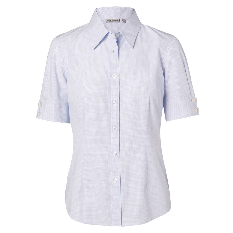 Light blue short sleeve shirt with collar and button front placket featuring rolled sleeve tabs