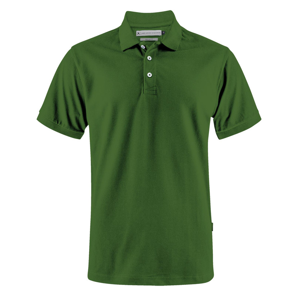 Forest green polo shirt with white contrast buttons and collar detail on plain background