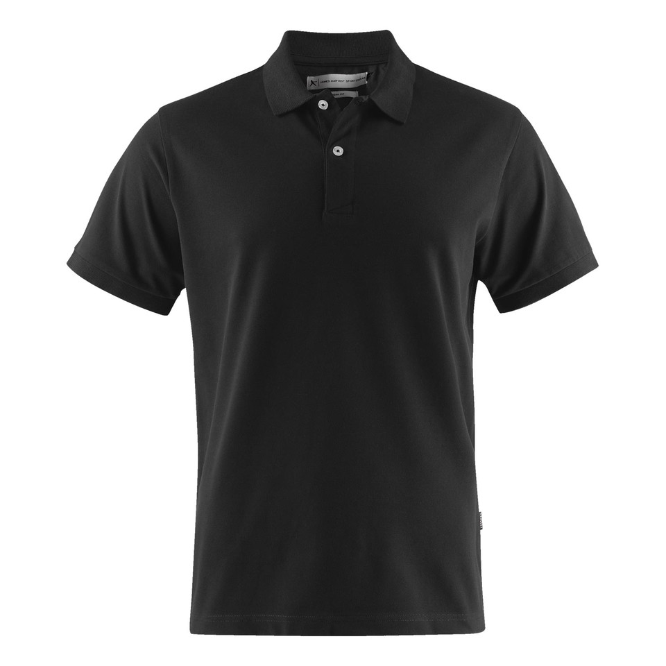 Black short sleeve polo shirt with flat knit collar and two-button placket