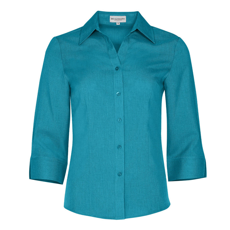 Teal blue women's collared shirt with three-quarter sleeves and button-front closure