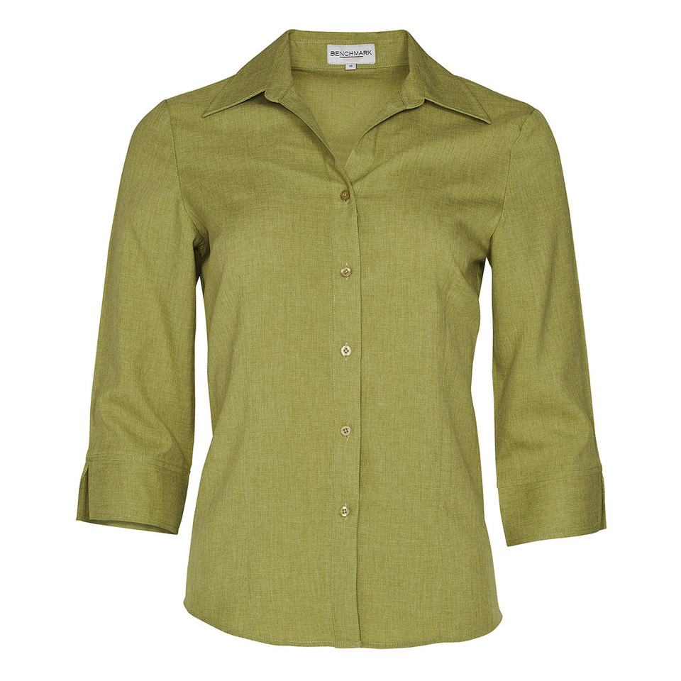 Sage green women's collared shirt with three-quarter sleeves and button-front closure