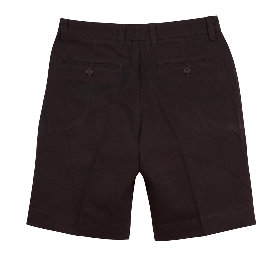 Black cotton chino shorts with belt loops, front pockets and rear button-through welt pockets