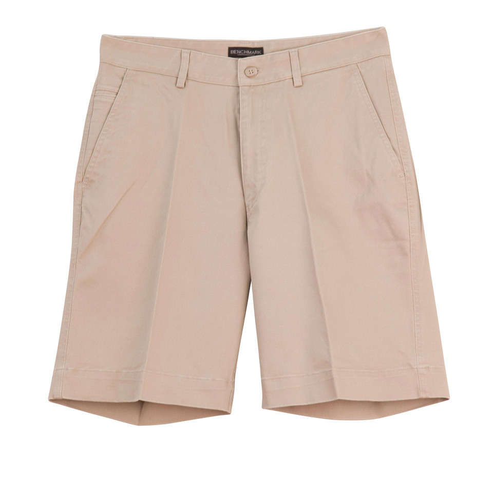 Sand beige cotton chino shorts with front slant pockets, belt loops, and rolled hem cuffs
