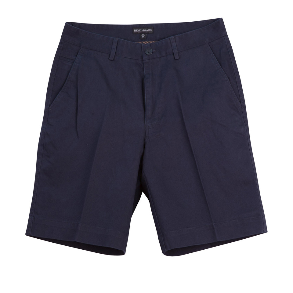Navy cotton chino shorts with front pleats, side pockets and button fly closure