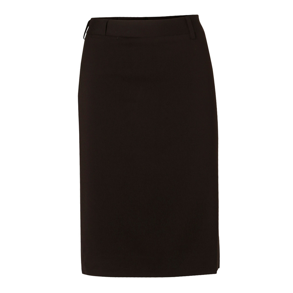 Black mid-length pencil skirt with flat front panel and concealed side zip fastening