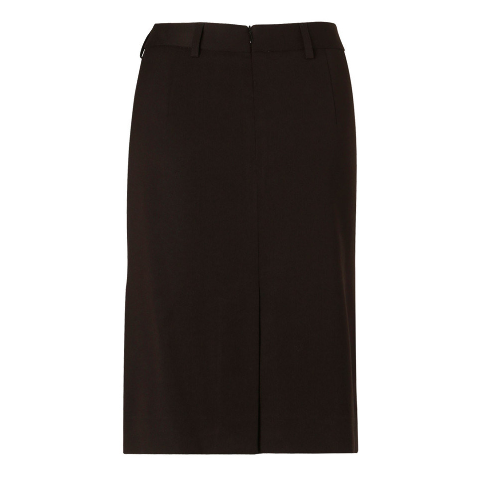 Black mid-length pencil skirt with front slit and belt loops at waistband