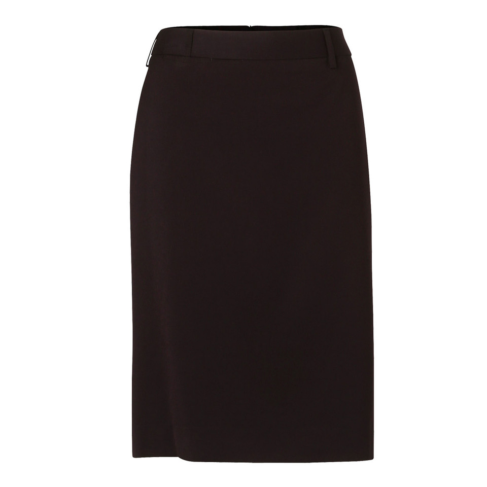Black mid-length pencil skirt with flat waistband and decorative side zip detail