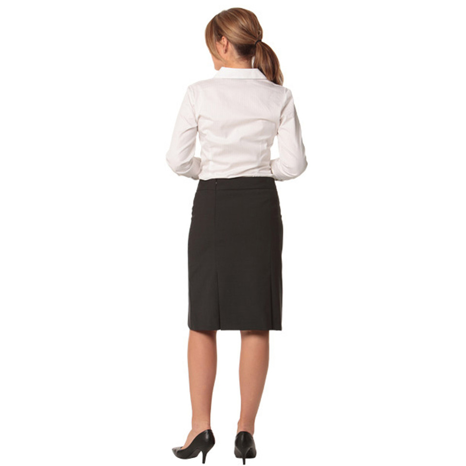 ELENOR Ladies Wool Blend Stretch Pleated Skirt featuring a classic knee-length silhouette, crisp permanent pleats, and a comfortable stretch waistband for professional corporate uniforms.