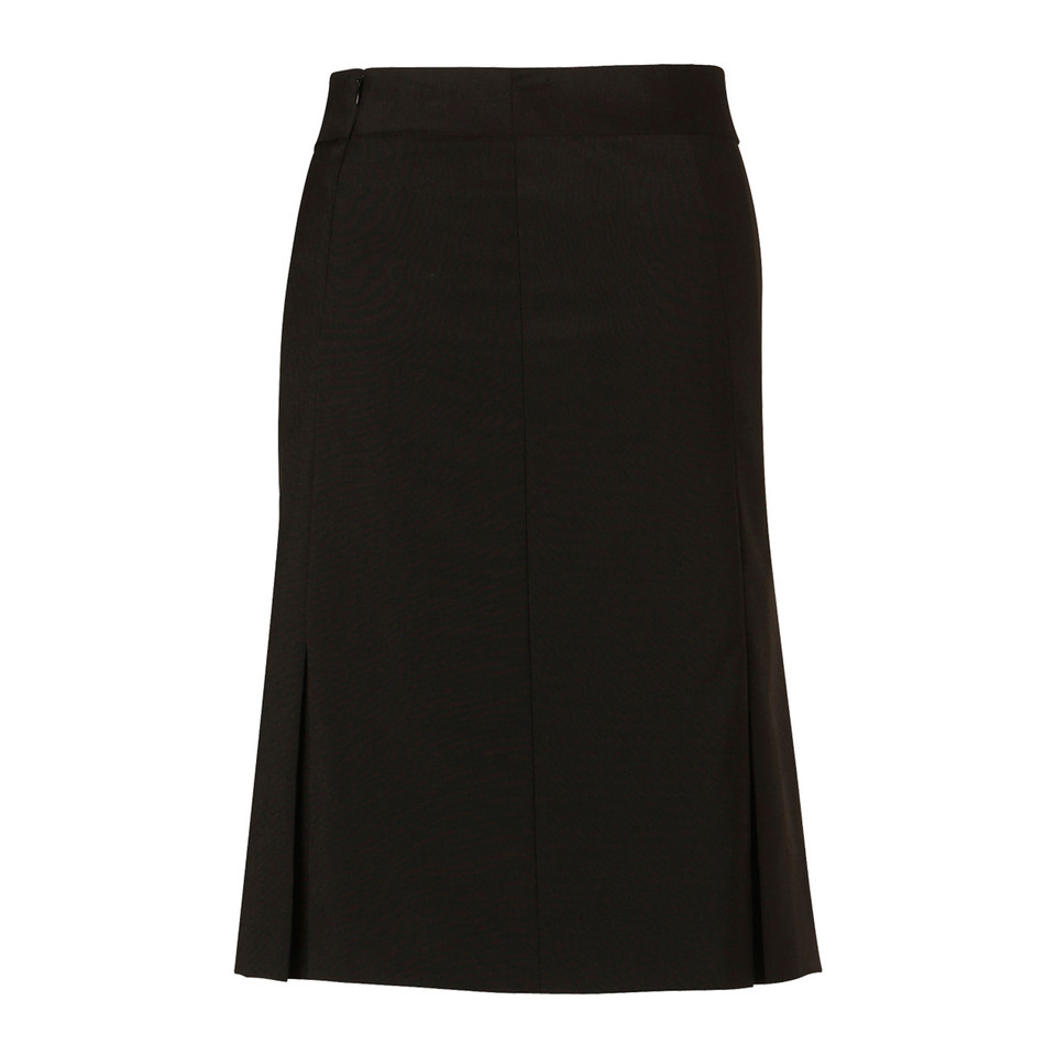 Black wool blend stretch skirt with pleated hem detail and flat waistband