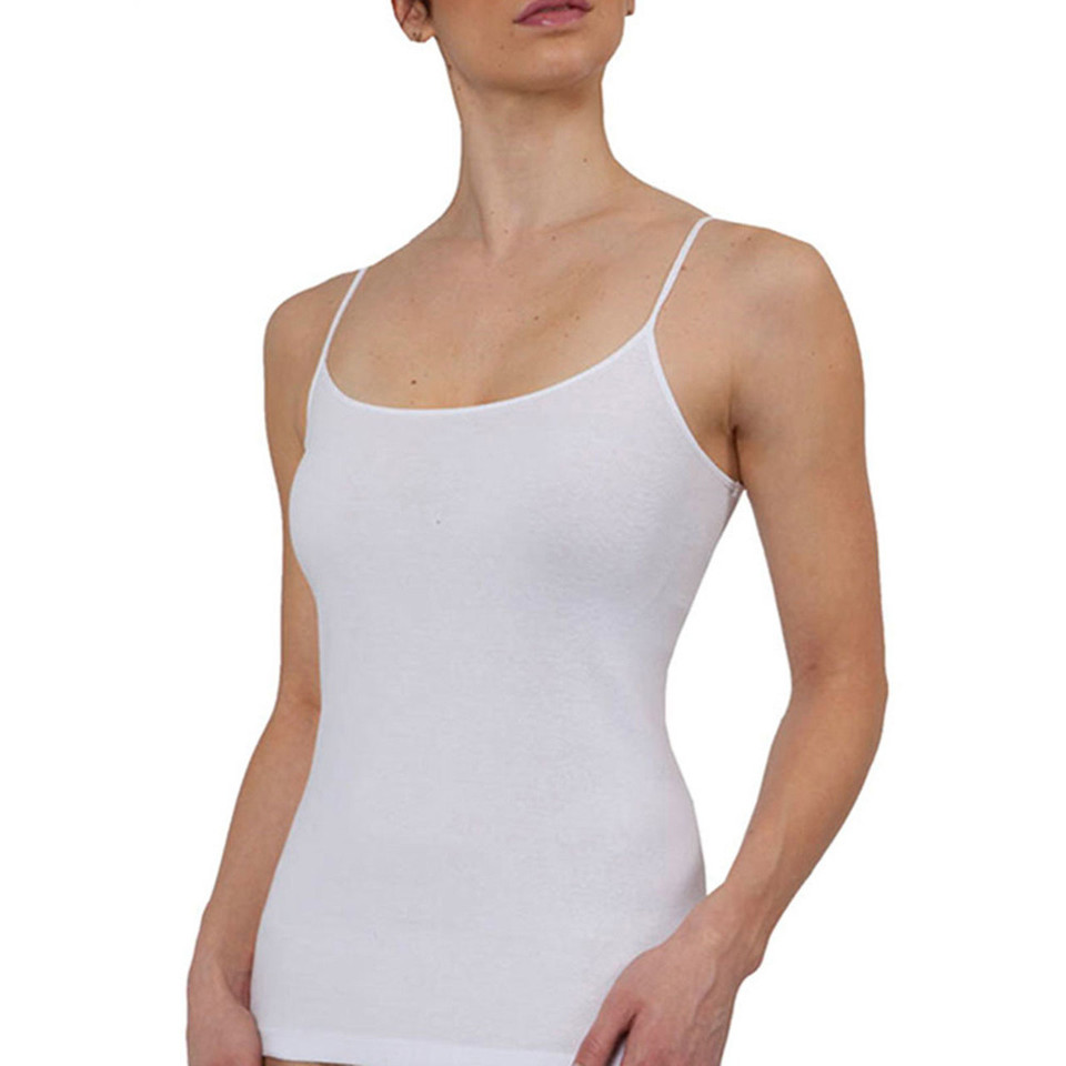 White seamless camisole with thin adjustable straps and scoop neckline in smooth cotton fabric