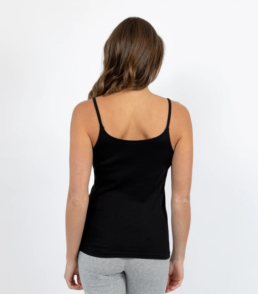Black Plain Tranquil women's seam-free camisole (singlet) made from soft Australian cotton, an ethical and comfortable base layer or sleepwear.