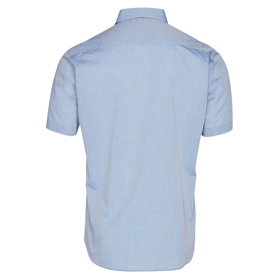 Light blue chambray short sleeve shirt with button-down collar, rear view showing back yoke and shoulder pleats