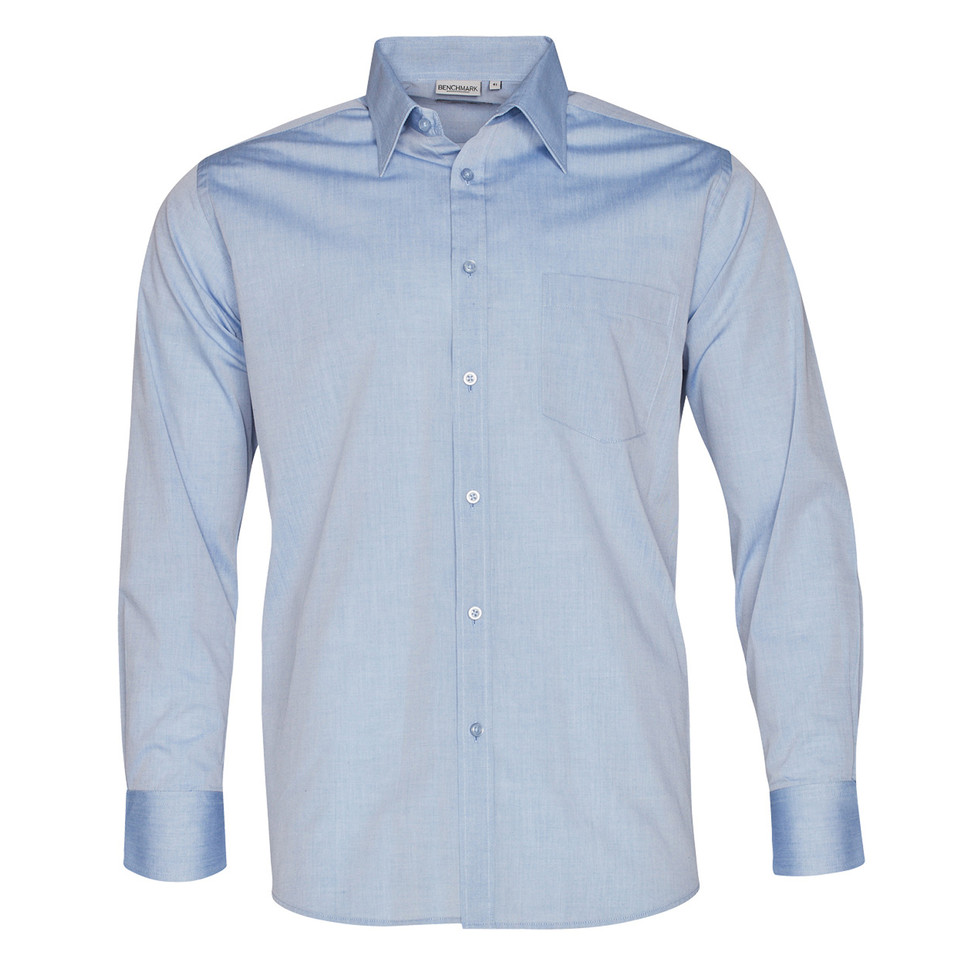 SCULLY Men's Fine Chambray Long Sleeve Shirt in blue, featuring a classic button-down front, chest pocket, and lightweight breathable cotton fabric for a smart-casual office look.