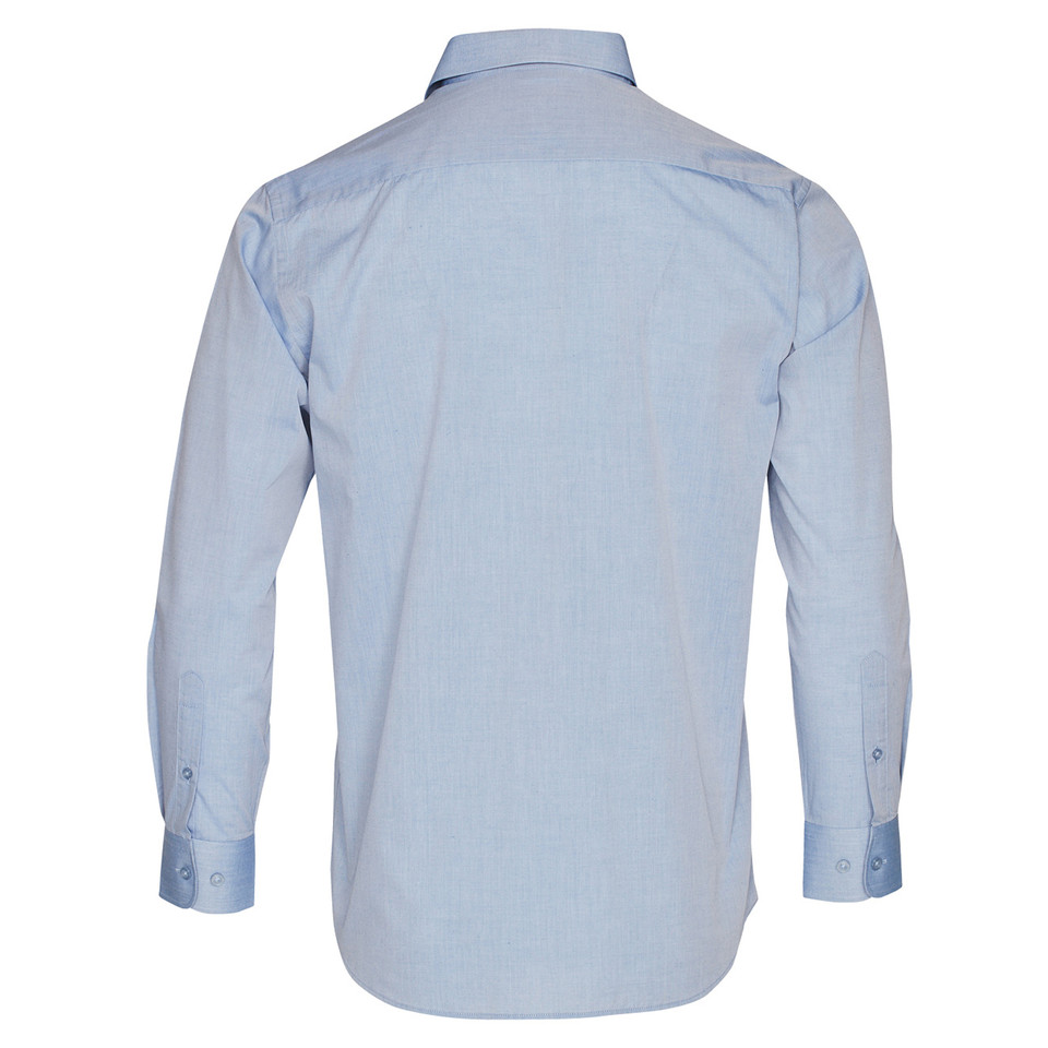 Light blue chambray long sleeve shirt shown from back with collar and button cuffs visible