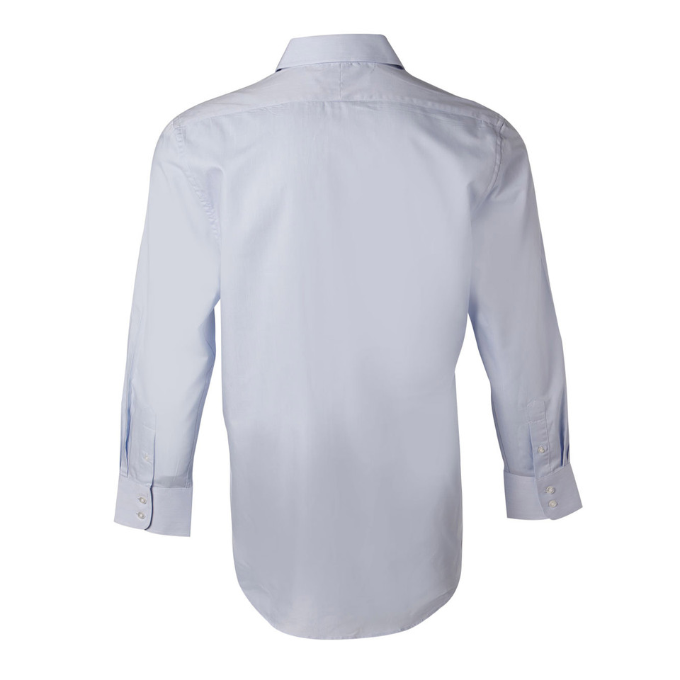 Light blue long sleeve business shirt with button-down collar and buttoned cuffs, back view