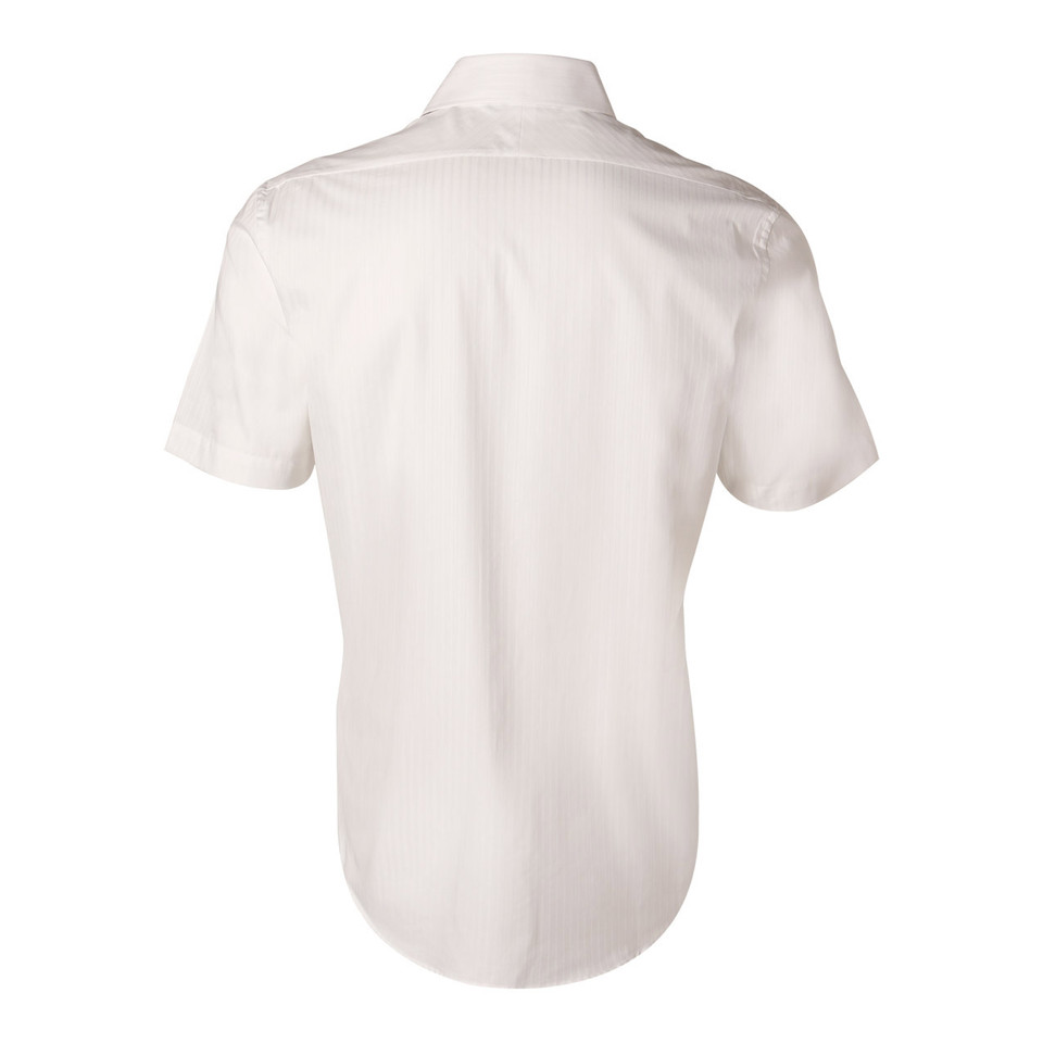 White short sleeve business shirt with self stripe texture detail and back yoke, rear view