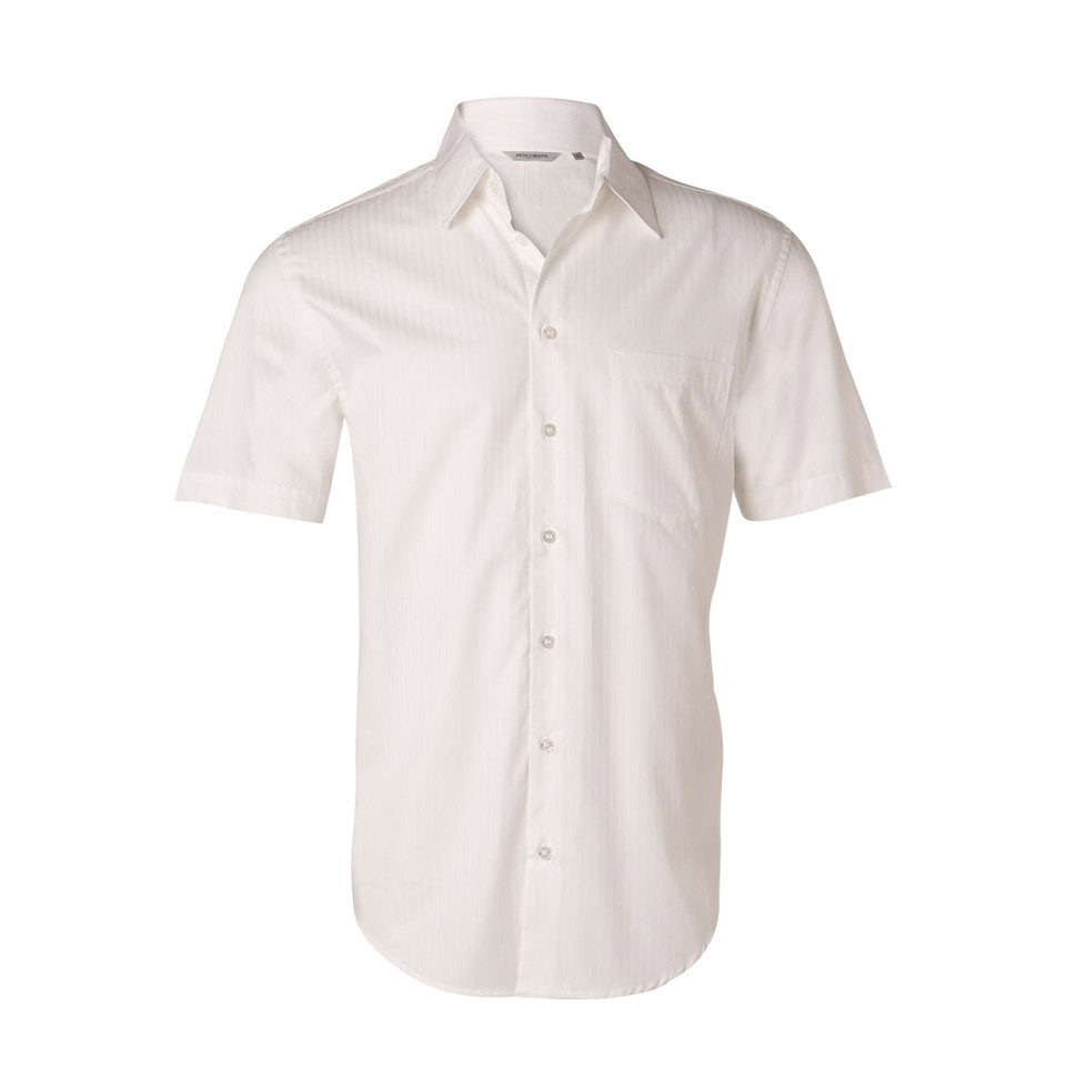 White short sleeve dress shirt with self-stripe texture, chest pocket and button-front closure